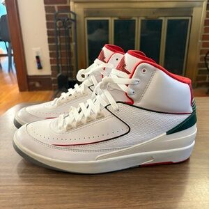 Brand new never worn Air Jordan 2 in white, red, & green!  Size 13!